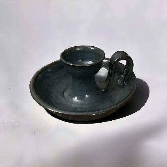 Pottery Tapered Candlestick Holder, 1988, Beautiful Dark Colonial Blue Glazel - Picture 2 of 5